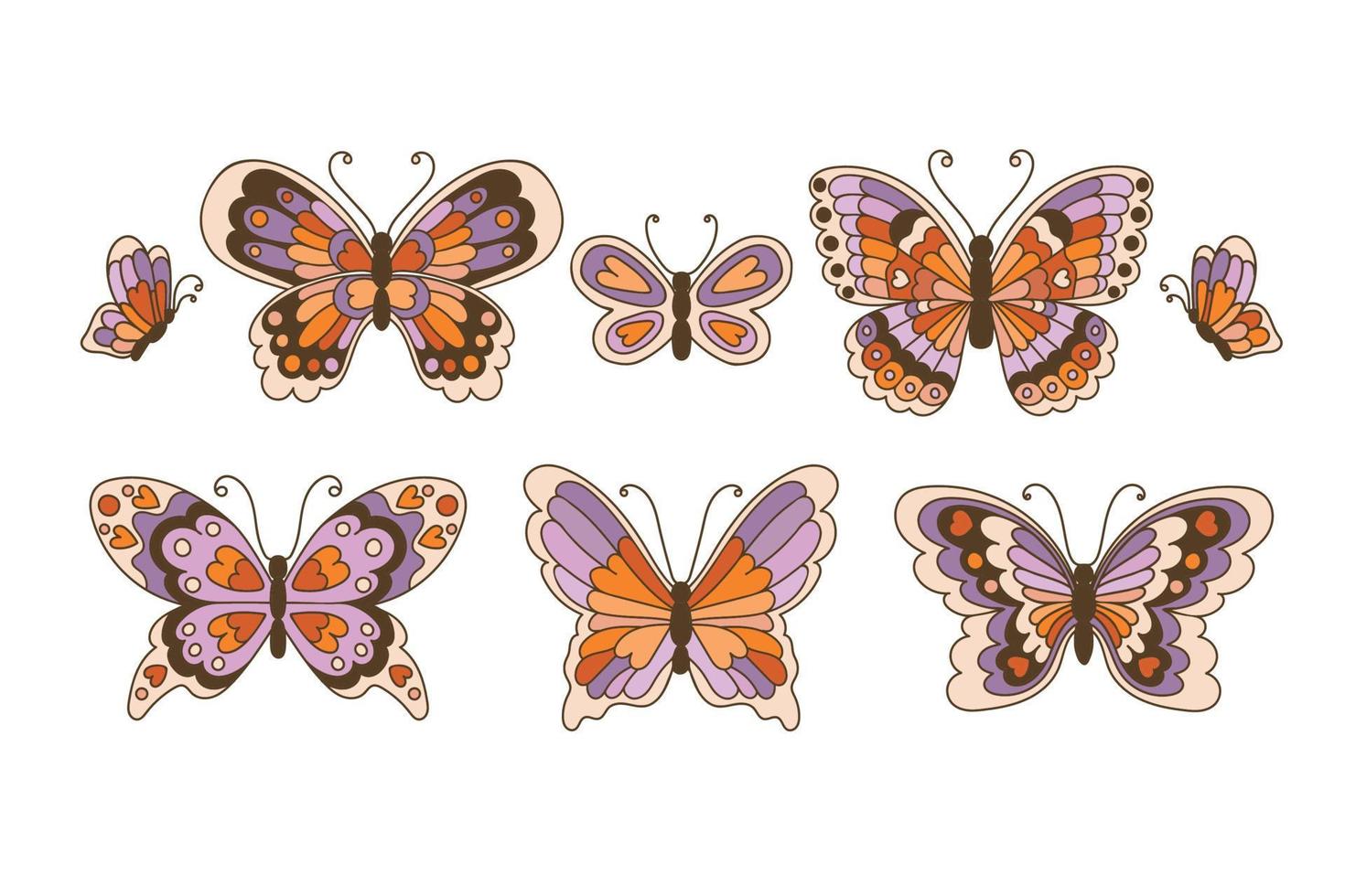 Retro 60s 70s Hippie Summer Groovy Butterfly set element hand drawn vector illustration.