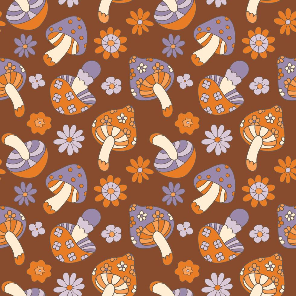 70s groovy mushrooms, daisy flowers seamless background. Vector illustration. Retro ornament in a hippie style. Orange and purple fly agarics on a brown background. Boho Halloween, Autumn Magic.