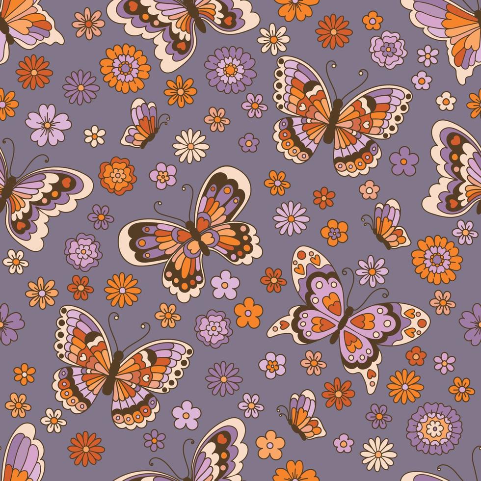 Groovy mariposa y Margarita flovers patrón sin fisuras. vector repite el fondo de los años 70 con colores otoñales en una estética retro hippie.