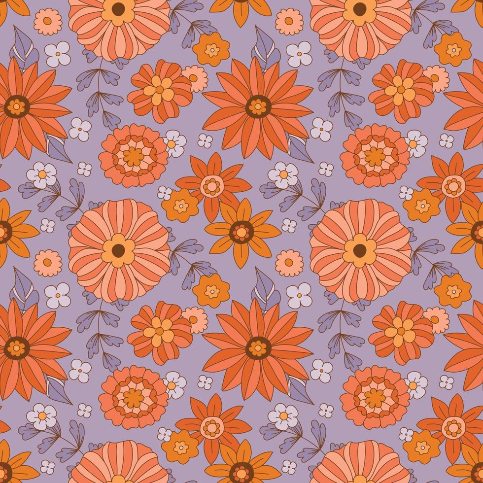 70s flowers background, groovy flower seamless pattern. Hippie aesthetics,  vintage style, fall colors. Sunflowers and dahlias with purple foliage.  Retro textile design, vector illustration. Boho chic 11426244 Vector Art at  Vecteezy