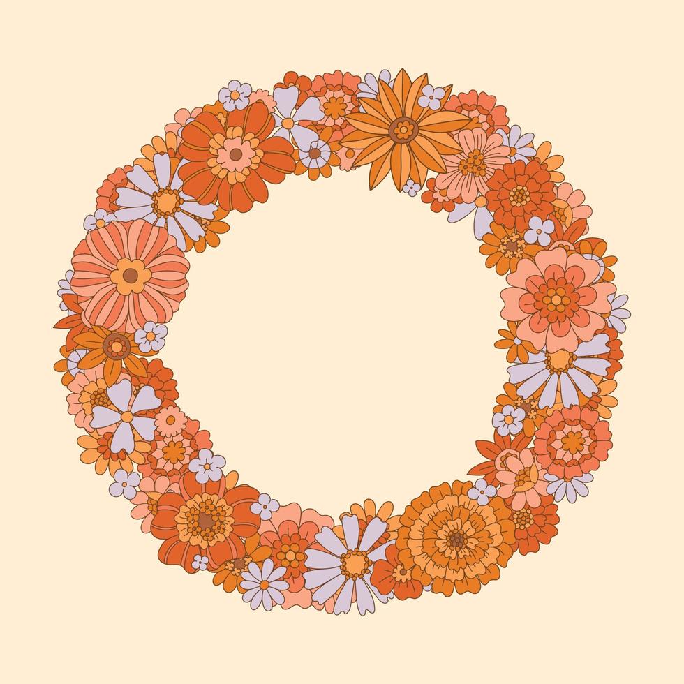 Groovy Flowers round Frame. vector