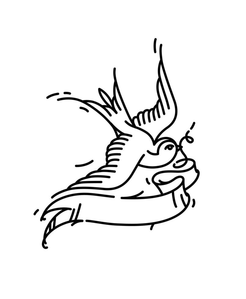 tatuaje de un pájaro traga sin inscripción en una cinta y con un capullo de rosa desde abajo. ilustración vectorial tatuaje de una vieja escuela americana. pájaro veloz con cinta y flor. vector