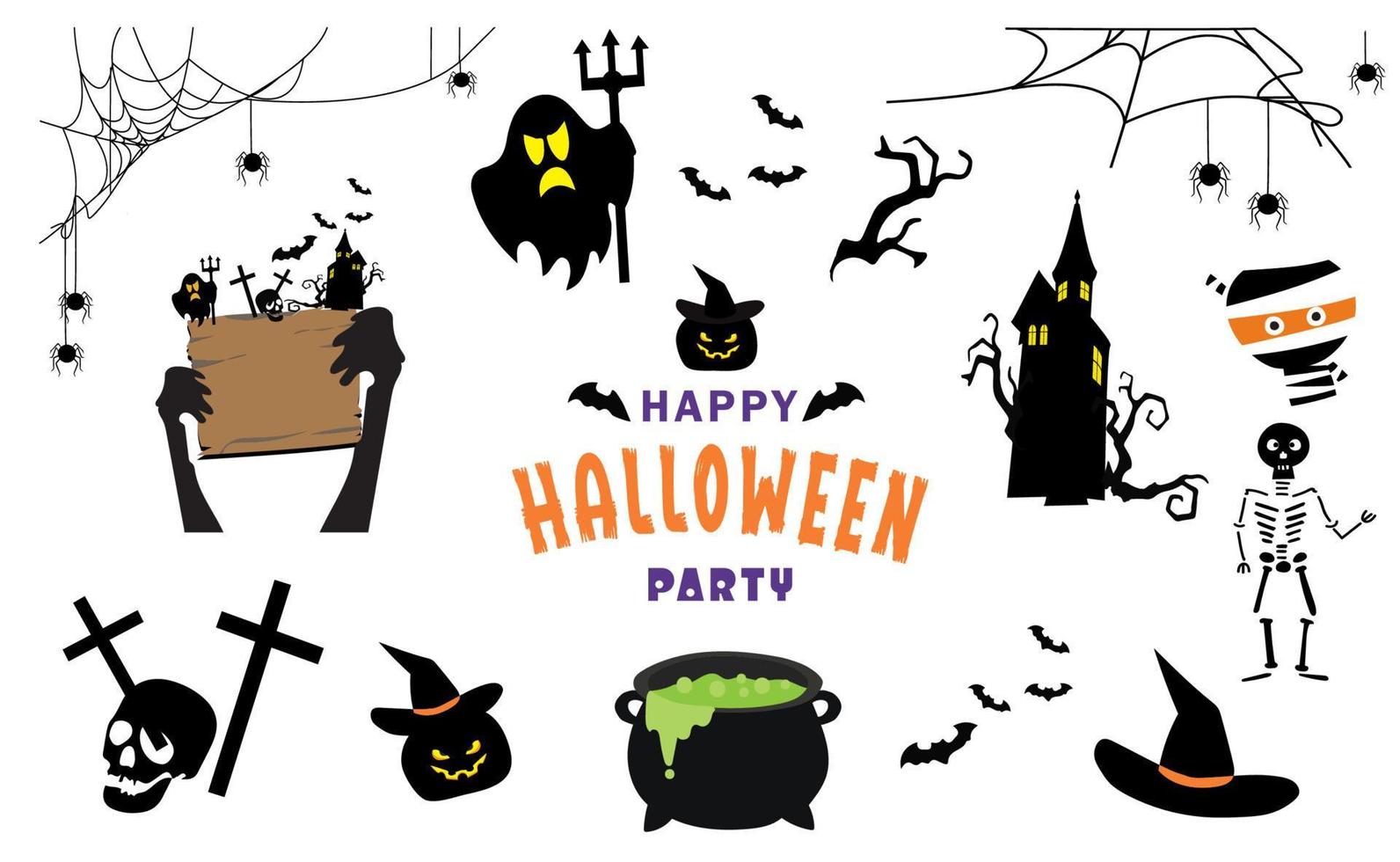 cute halloween object with web, spider, bat,pumpkin,house, skeleton vector