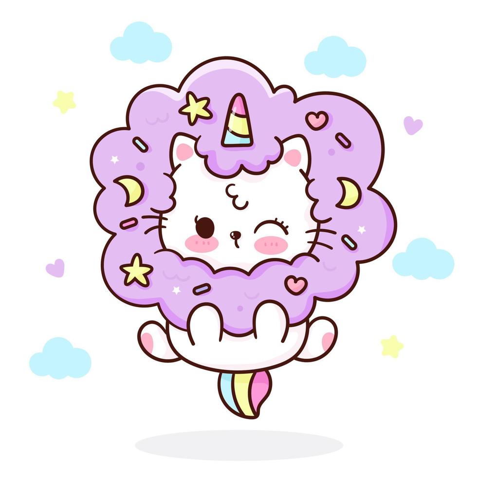 lindo gato unicornio en nube de algodón de azúcar vector