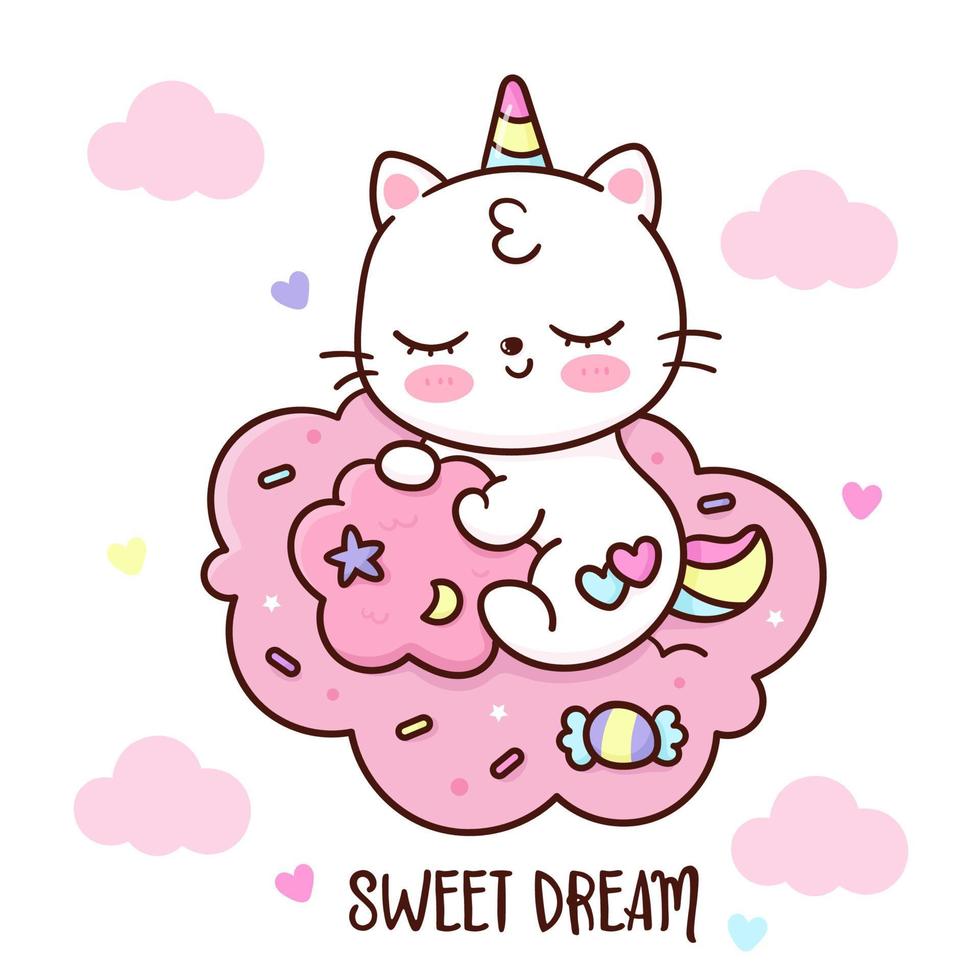 Cute unicorn cat sleep in cloud cotton candy vector