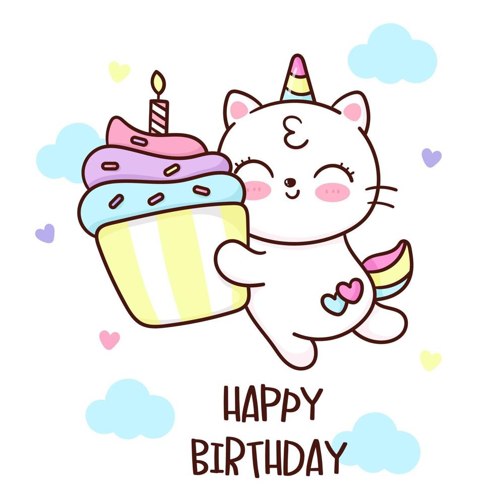 Unicorn cat hug birthday cupcake vector