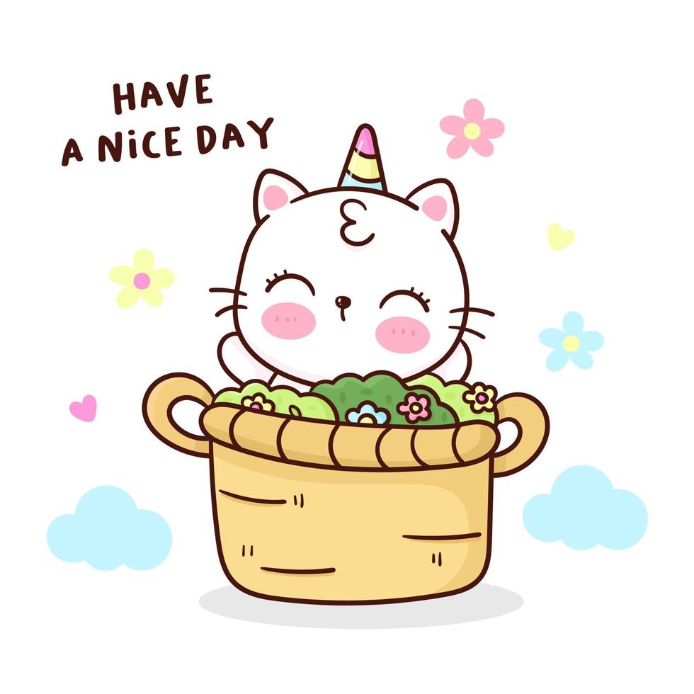 Cute Unicorn cat in flower pot vector