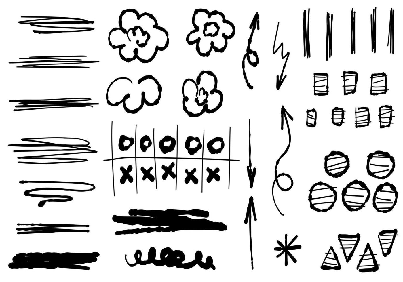 Scribble arrows, flowers, strokes, circles. Sketch cute set, doodle isolated line collection. vector