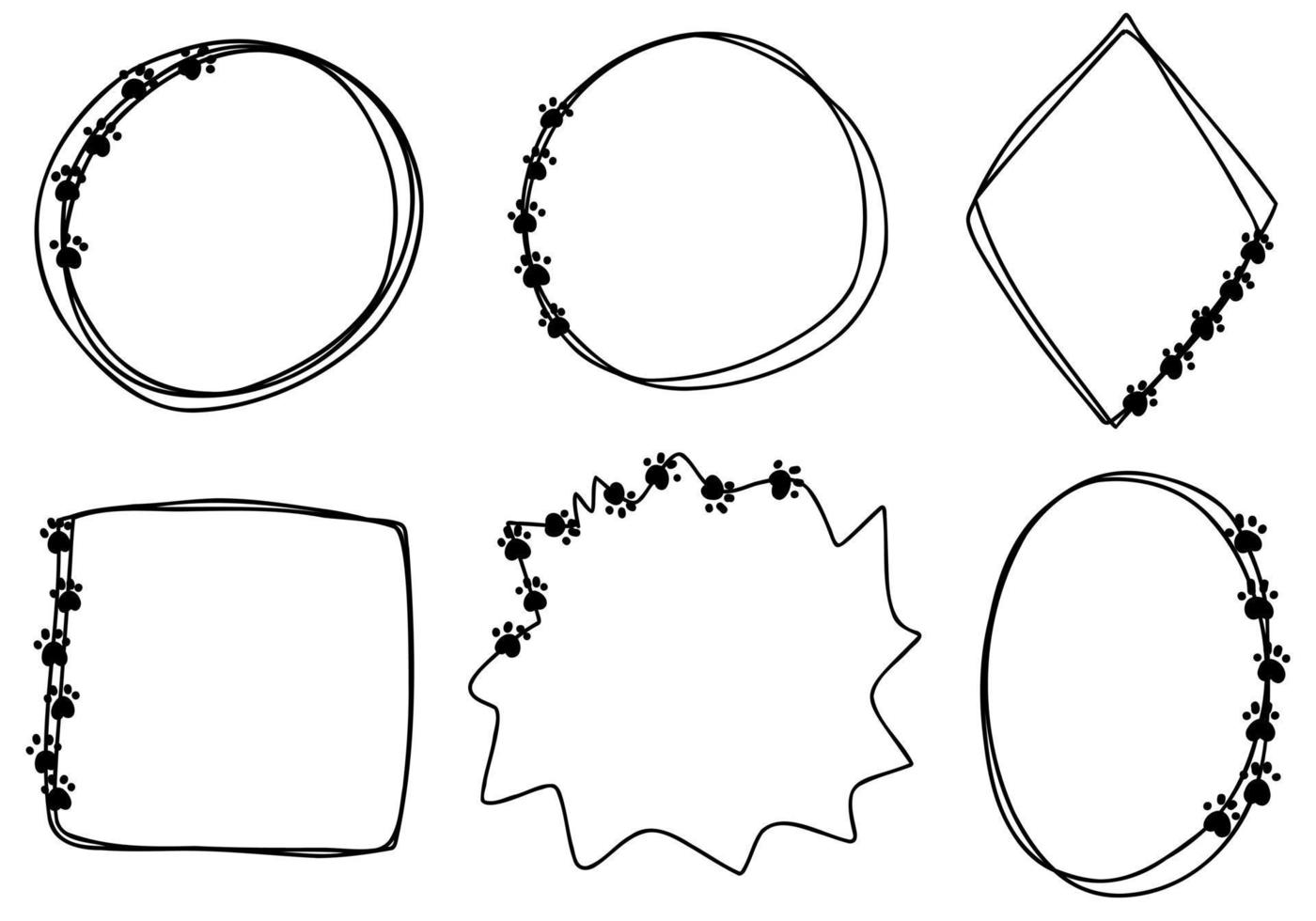 Cute line doodle isolated frames, set hand drawn paws. Circle, square, rhombus for pets, collection. vector