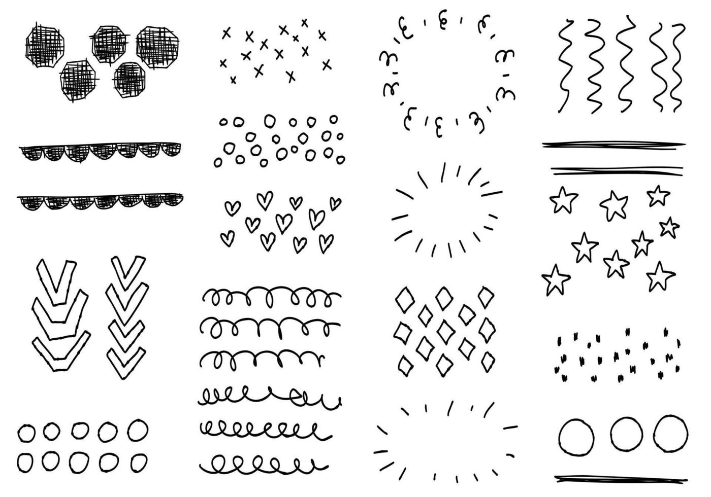 Scribble rays, stars, circles, strokes, circles. Sketch cute set, doodle isolated line collection. vector