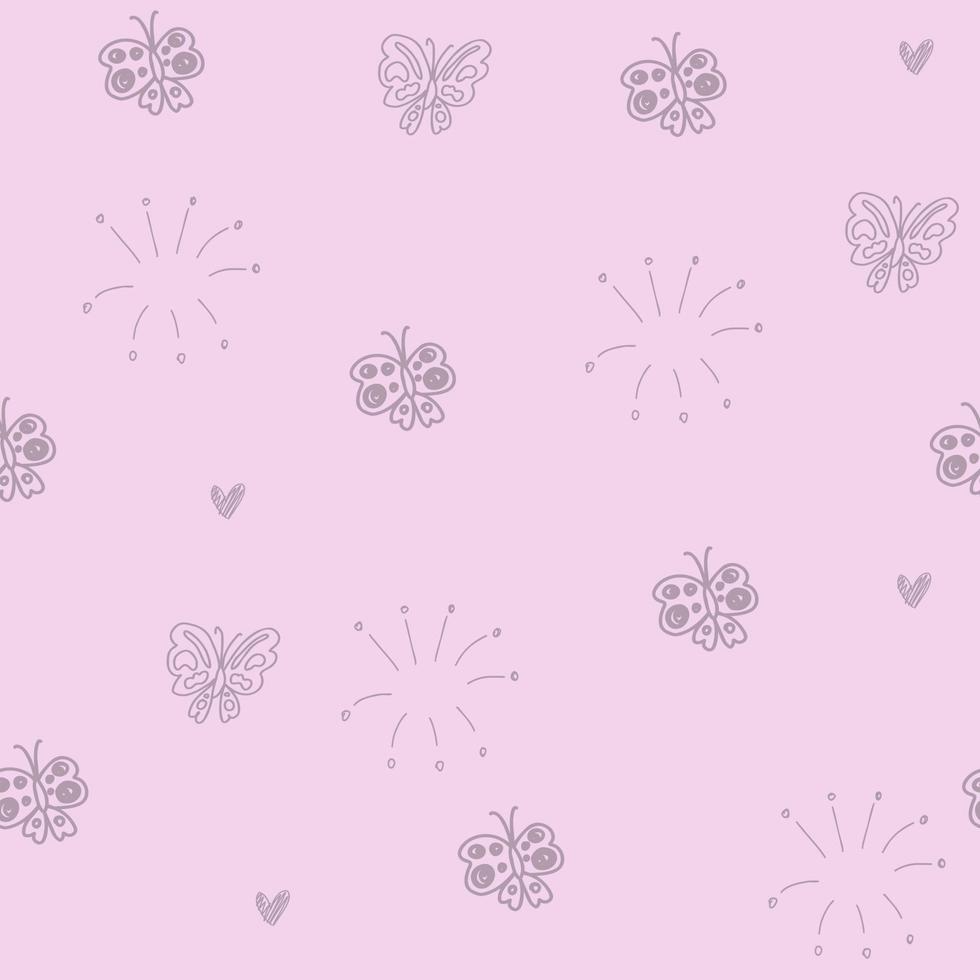 doodle mariposas rosas, patrón de corazones, lindos fuegos artificiales sin costuras para papel, tela textil, niños. vector