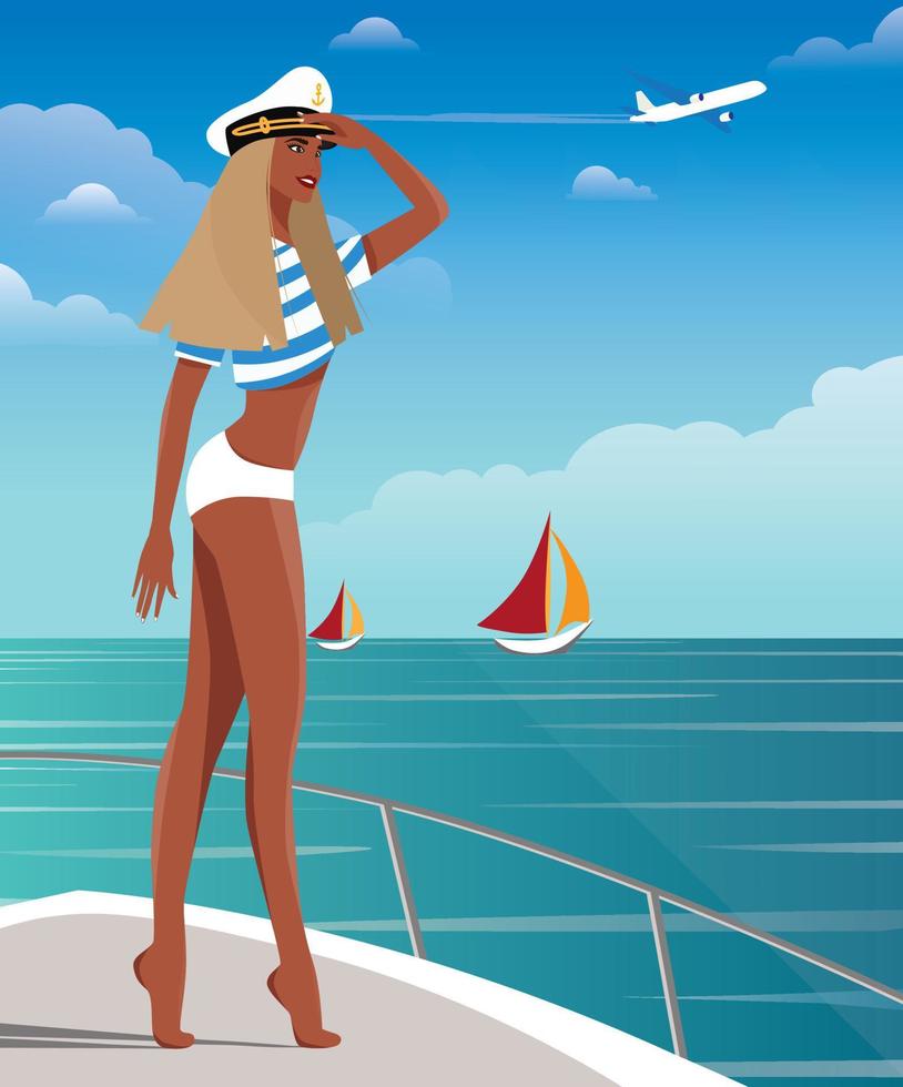 Digital illustration of a beautiful blonde girl in summer on vacation on a cruise in a captain's cap on a yacht happily watches an airplane fly and boats float vector