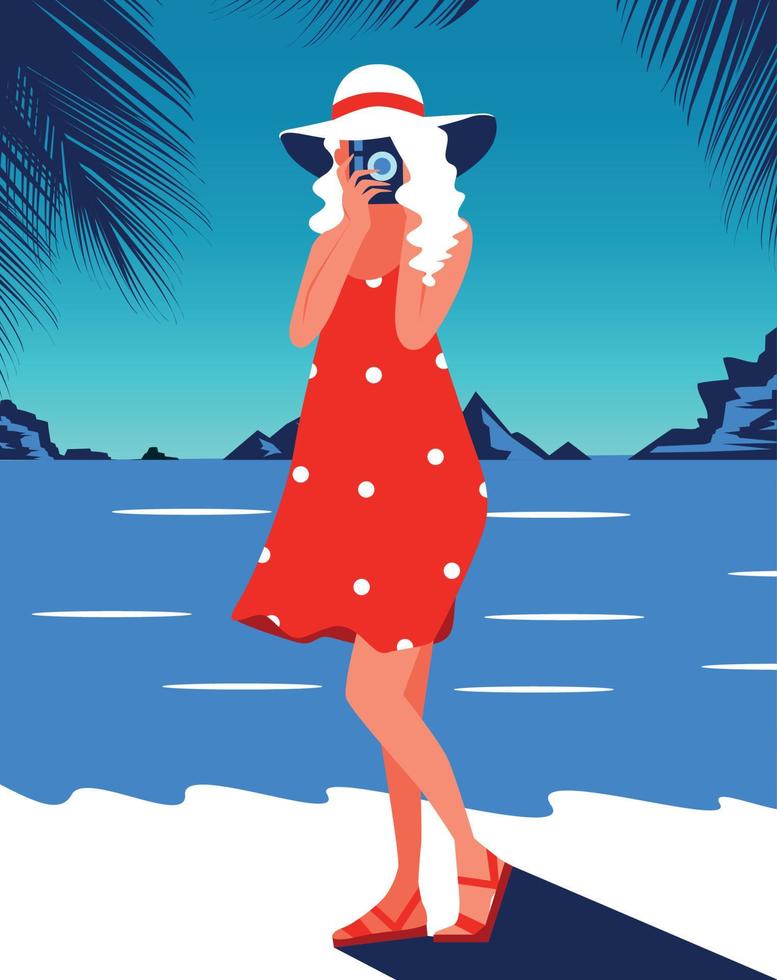 ilustración vectorial chica de paleta de color azul en verano con un vestido rojo y un sombrero con una cámara descansando de vacaciones en la playa y fotografiando la naturaleza y las palmeras vector