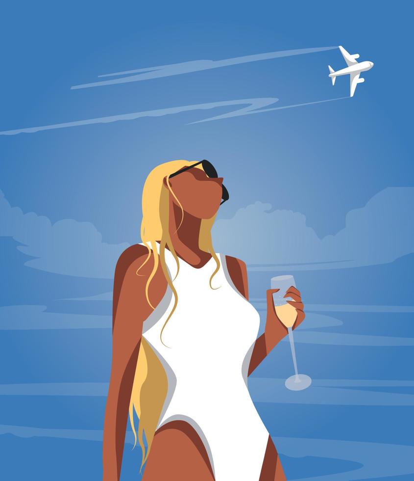 ilustración vectorial en el verano en la playa de vacaciones una chica rubia sin rostro en un traje de baño blanco sostiene una copa de champán en la mano y mira hacia el cielo un avión vuela vector