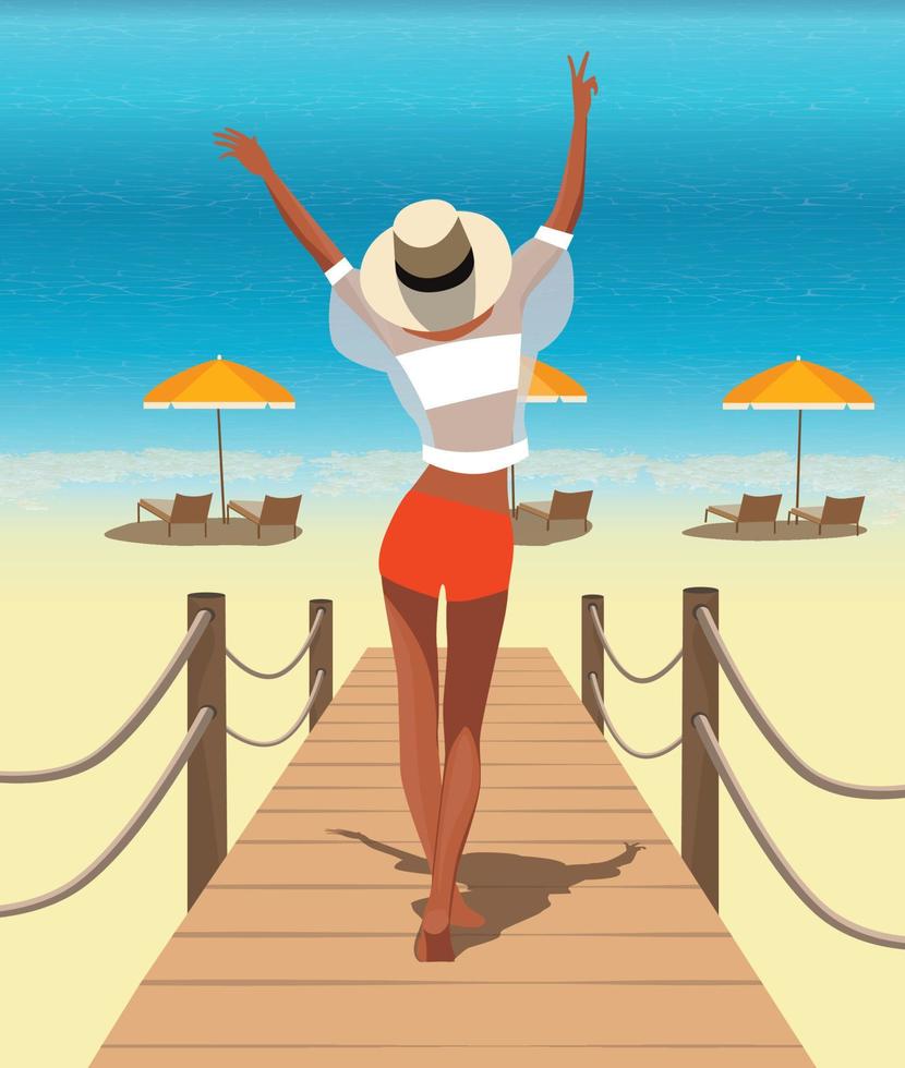 ilustración digital de las emociones de felicidad y alegría de una chica en verano de vacaciones camina por el muelle hasta el puente al océano en bikini y un sombrero para tomar el sol y nadar vector