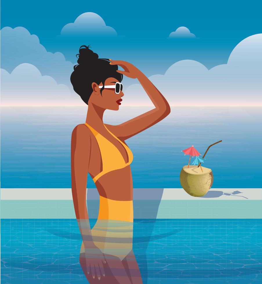 Digital illustration of a girl in summer on vacation swims in the pool at her villa and looks at the ocean vector