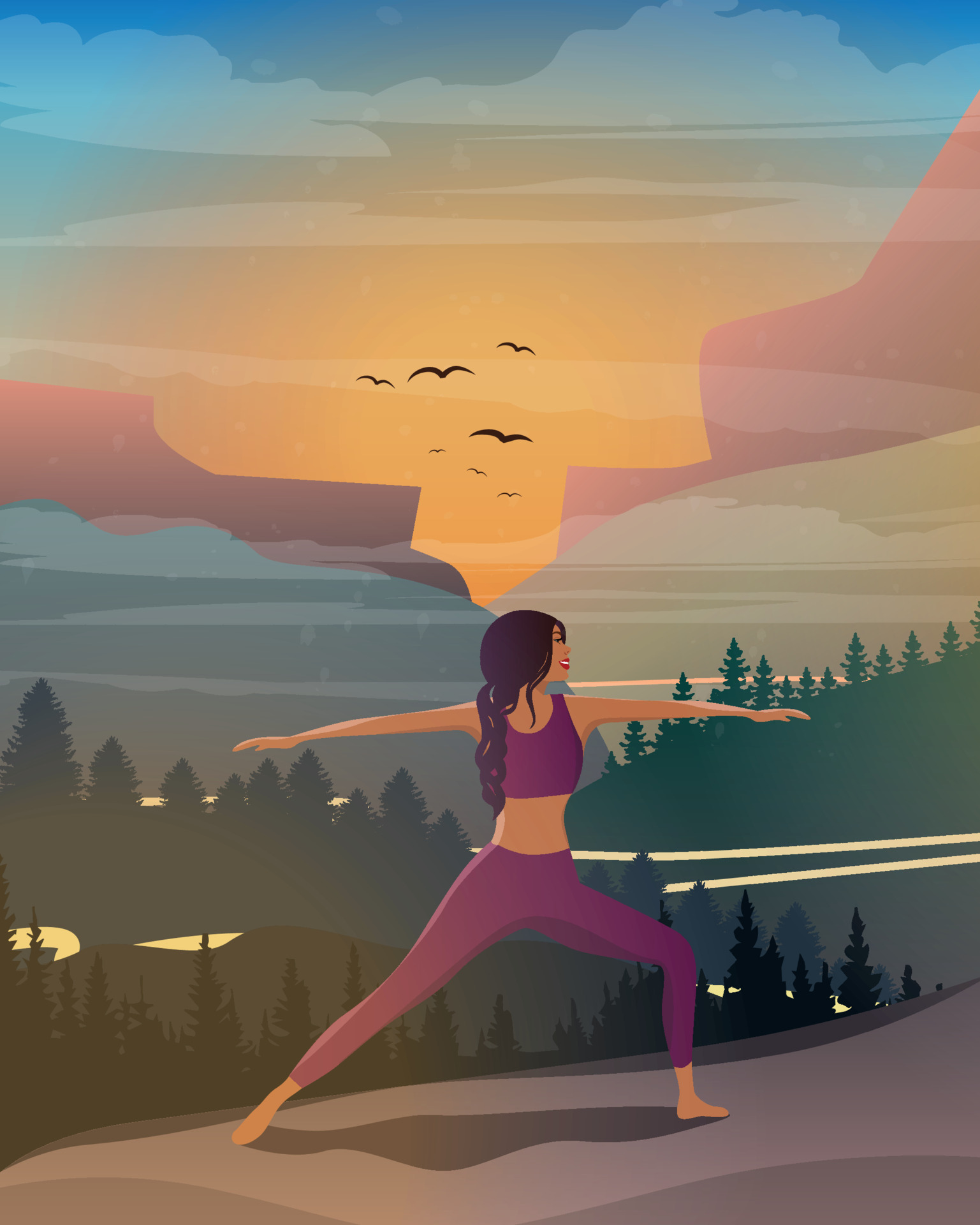Digital illustration of a yogi girl doing yoga in nature at sunset in