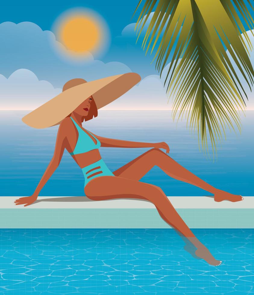 ilustración digital de una chica en bikini y un gran sombrero con borde está descansando en verano de vacaciones, nadando y tomando el sol en la piscina contra el fondo del mar y las palmeras vector