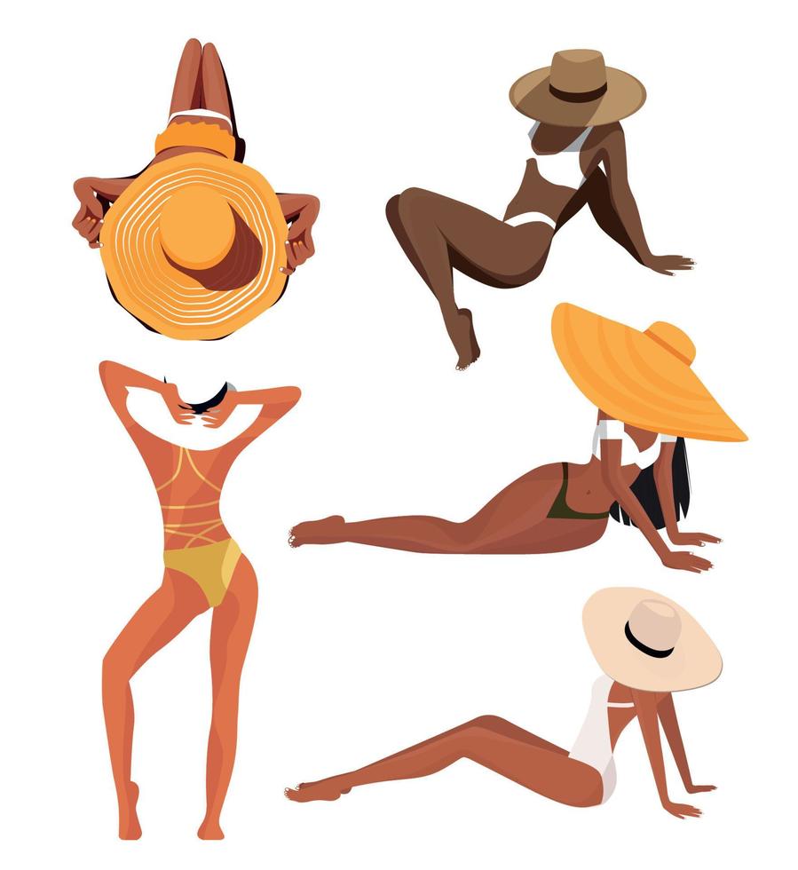 ilustración digital de un conjunto de hermosas chicas de diferentes colores de piel en diferentes poses, relajándose en la playa en verano en hermosos trajes de baño vector