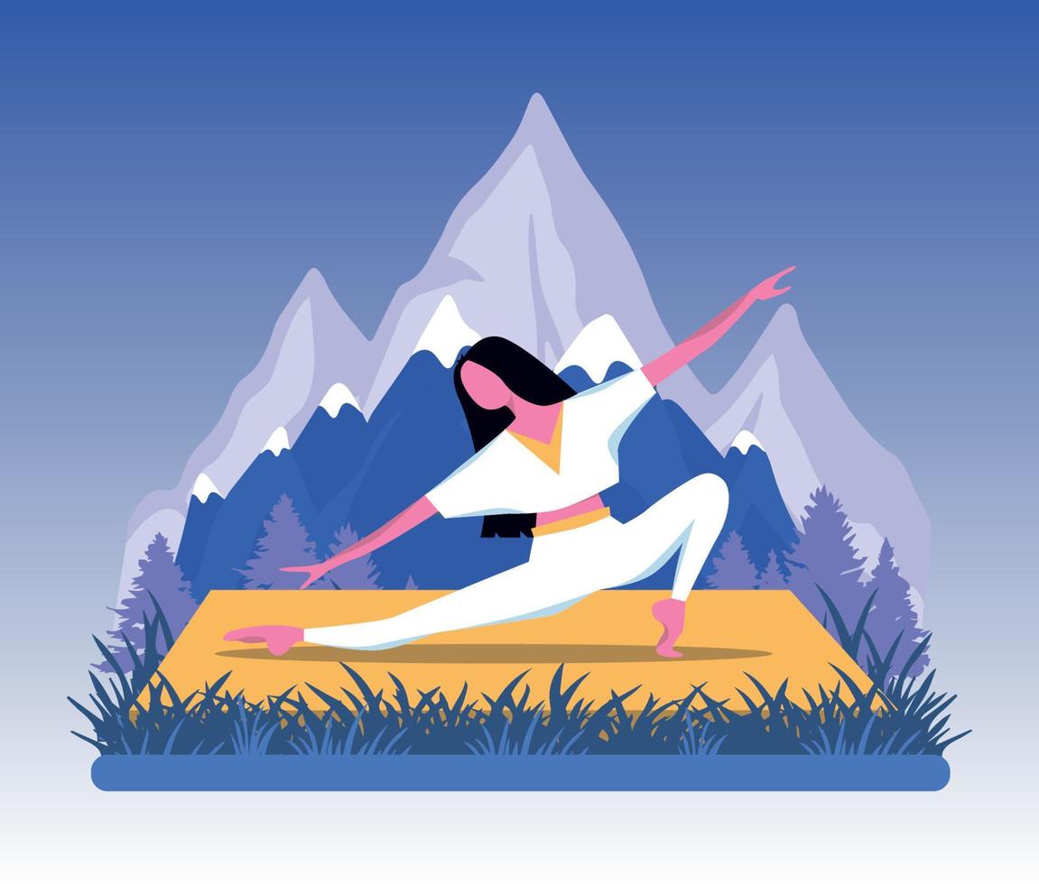 concepto de ilustración vectorial chica de yoga se dedica al yoga en las montañas en el fondo de la naturaleza y las montañas suaves colores púrpura vector