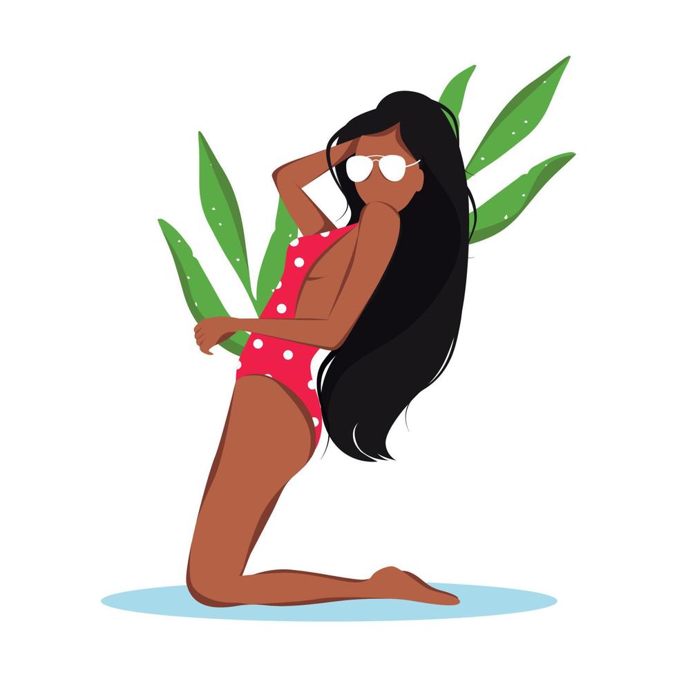 Vector illustration on a white background a tanned girl in glasses without a face on the beach in a red polka-dot swimsuit with palm trees on vacation