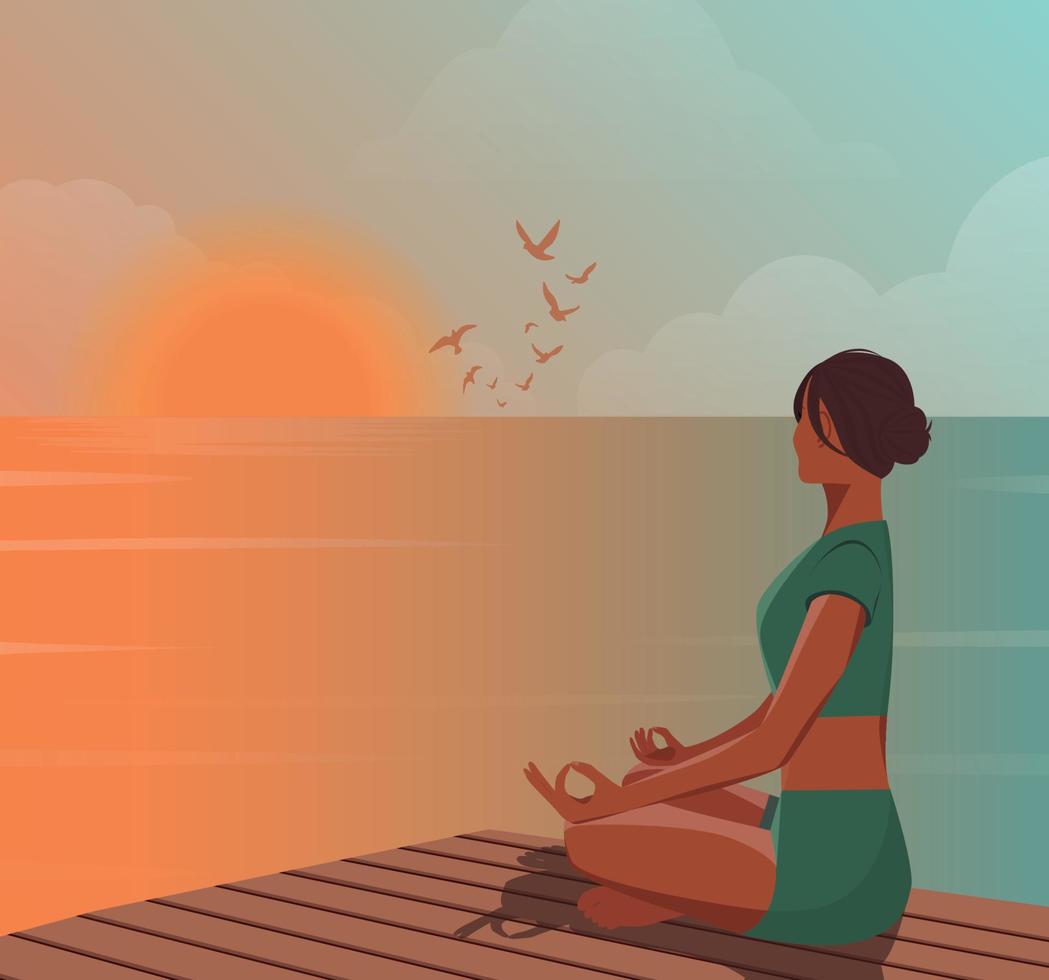 ilustración digital de una hermosa yogui de vacaciones en bali haciendo yoga en un fondo hakata meditando retiro relajante vector