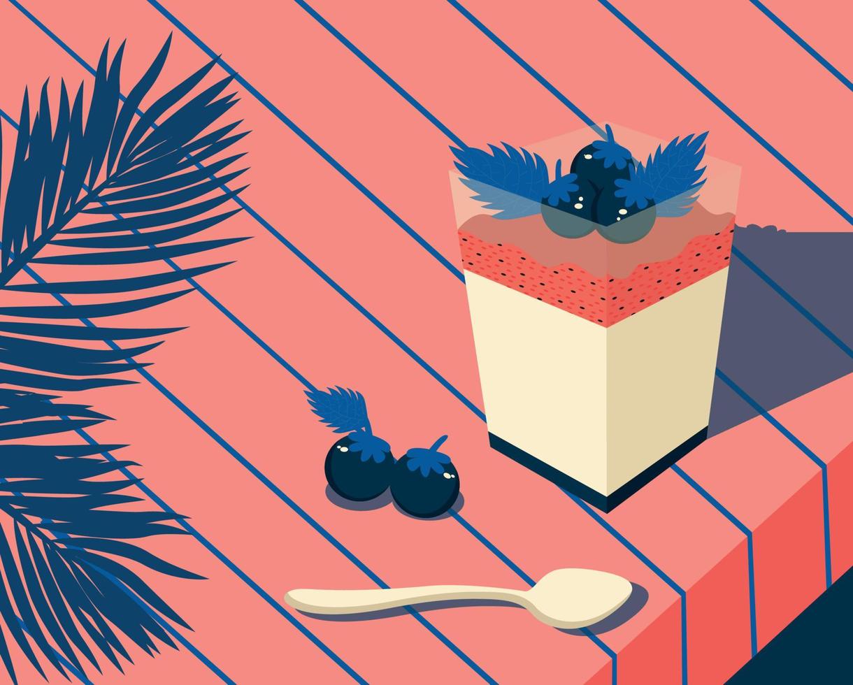 ilustración vectorial del famoso postre de la cocina italiana panna cotta en la paleta de colores rosa azul vector