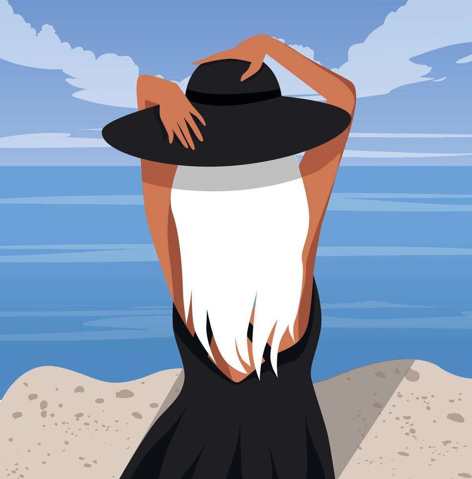 Vector illustration of a blonde girl in summer on vacation walking along the beach in a hat and dress