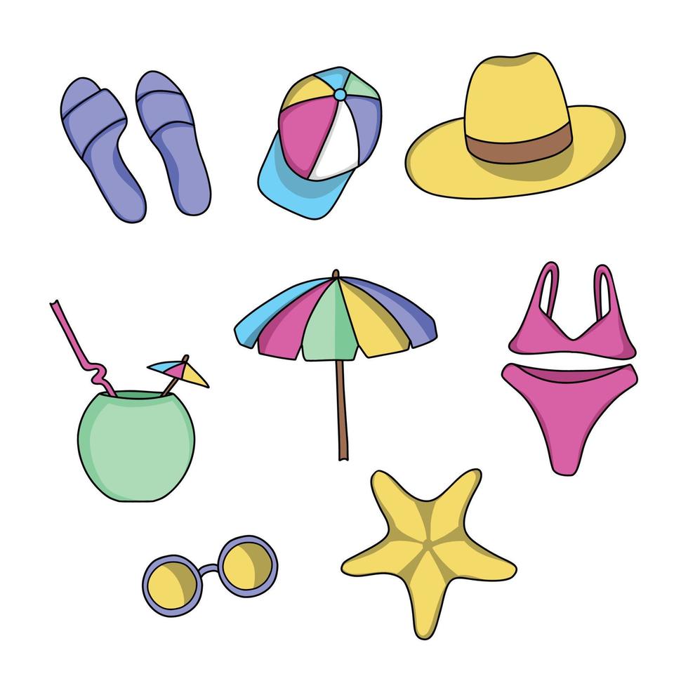 Bright beautiful stickers and icons on the theme of the beach summer swimsuit hat slates umbrella vector