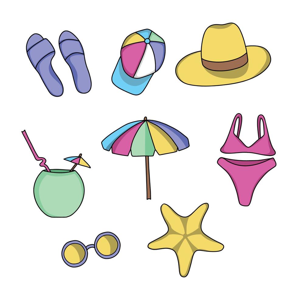 hermosas pegatinas e iconos brillantes sobre el tema de la playa verano traje de baño sombrero pizarras paraguas vector