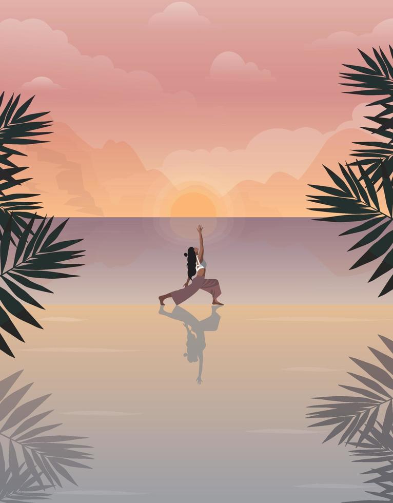 Digital illustration of a yogi girl doing yoga and meditation at sunset or sunrise vector