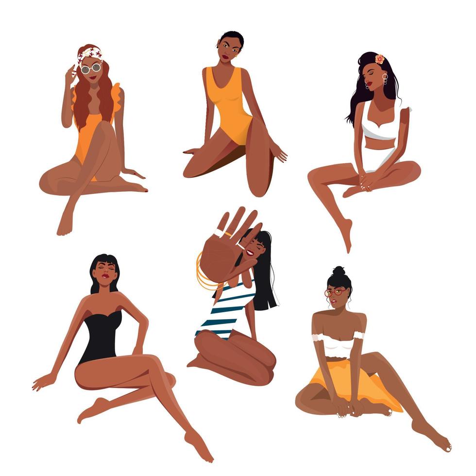 Digital illustration set of girls relaxing on vacation on the beach in a beautiful bikini and swimwear vector