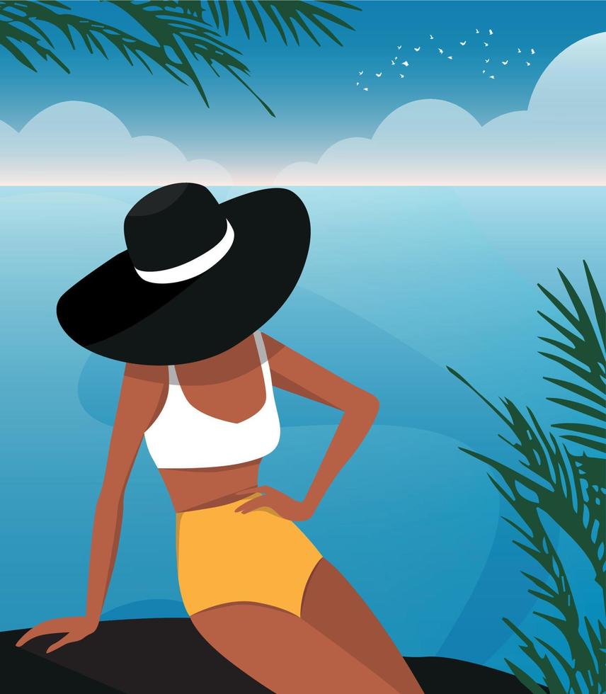 chica de ilustración vectorial en un sombrero y bikini en el verano de vacaciones en la playa toma el sol y nada vector