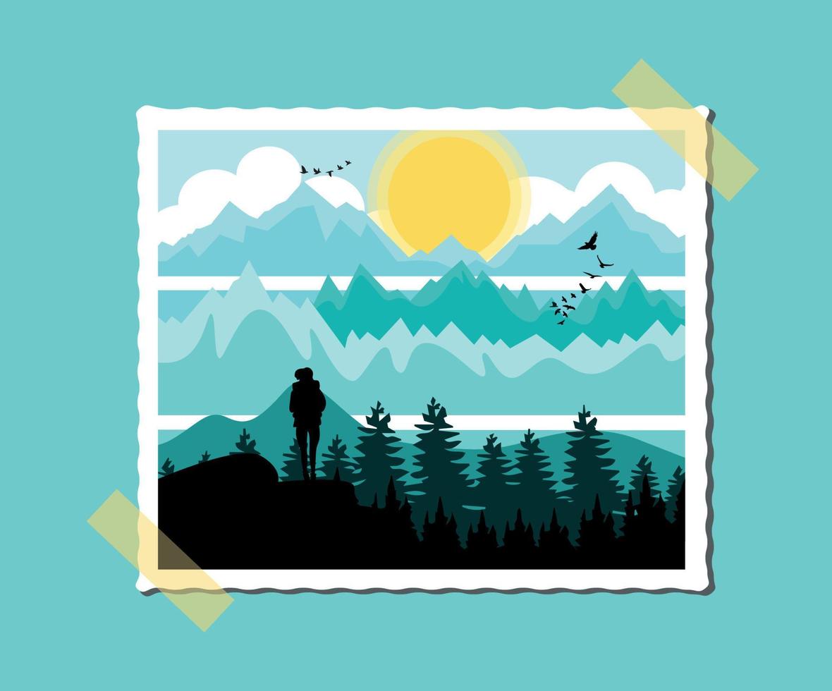 Vector illustration of a landscape of mountains and forests silhouette of a man in a retro style in a frame in gentle blue blue yellow shades of color on a blue background