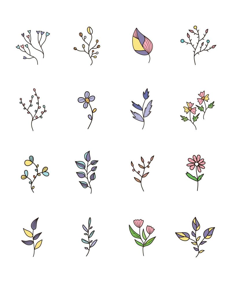 Set collection of color icons of field forest plants. Plant vector elements. Decorative set of wildflowers and plants