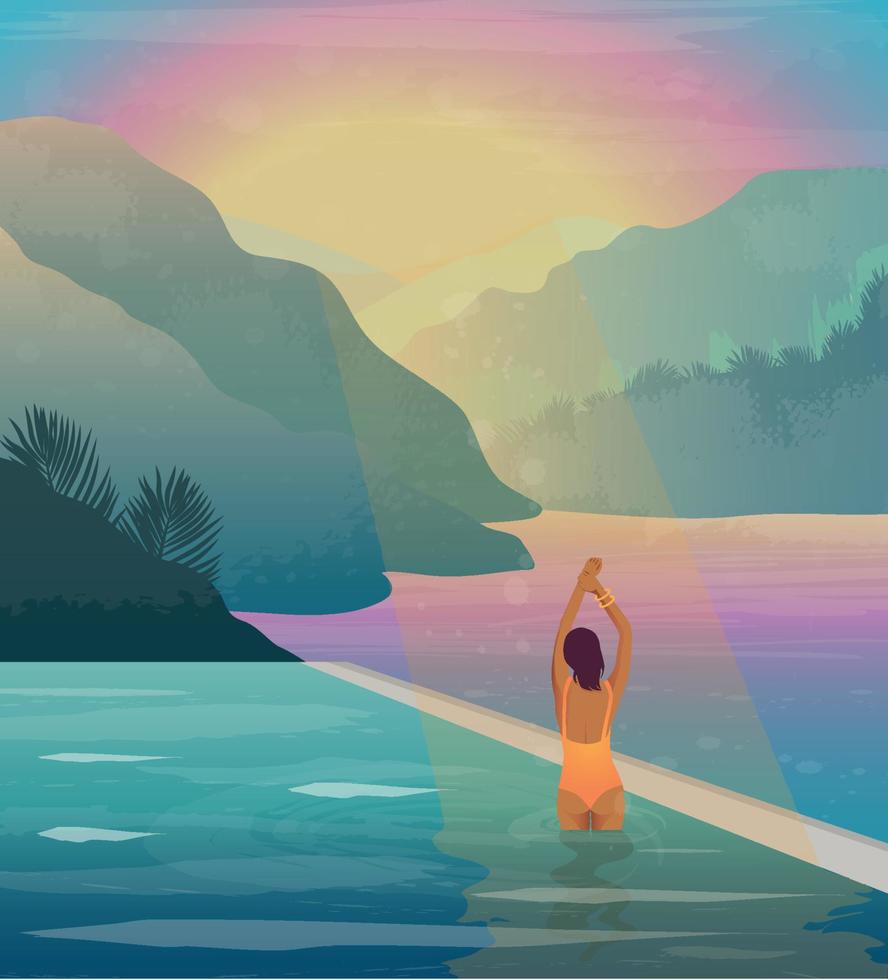 ilustración digital de una chica en la piscina de vacaciones entre la fabulosa naturaleza en una brillante puesta de sol del día vector