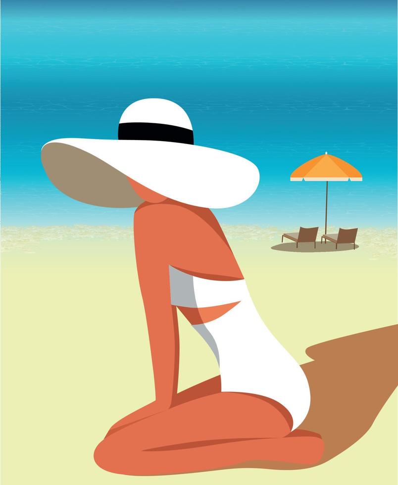 ilustración vectorial de una chica con sombrero y bikini en verano de vacaciones en una pose sentada posando y tomando el sol en la arena junto al océano contra una tumbona y sombrilla de fondo vector