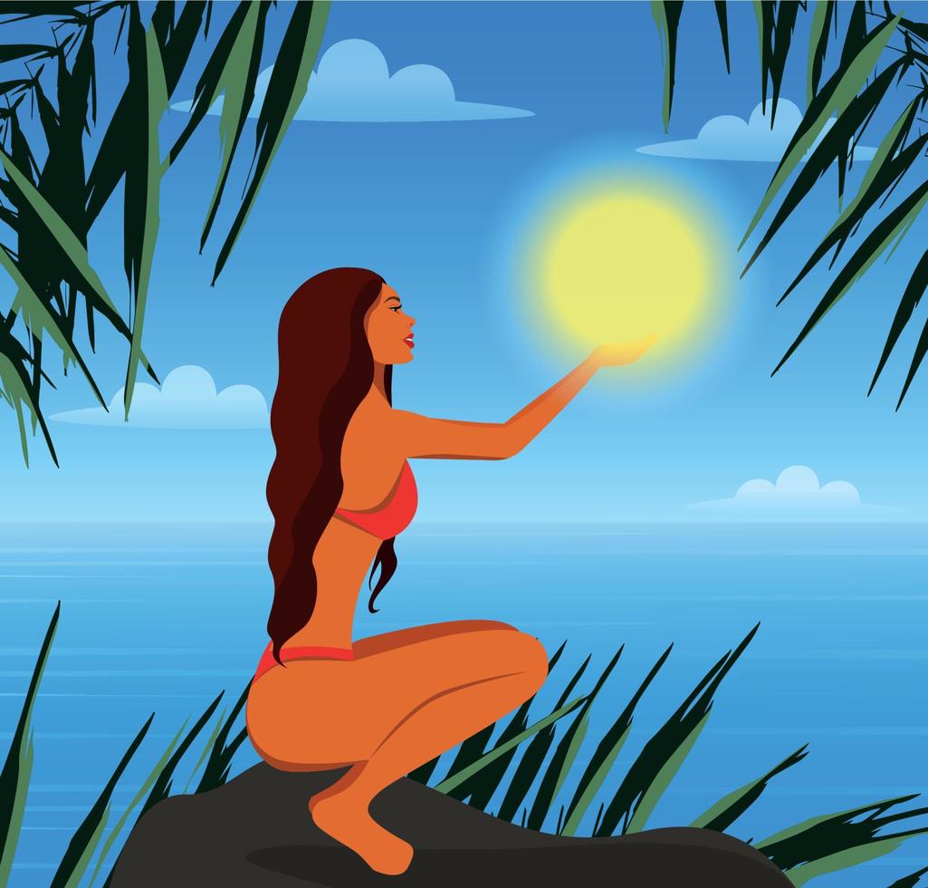 Vector illustration of a girl on vacation on the island holding the sun in her hands