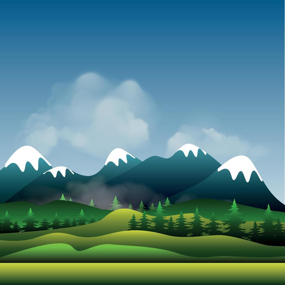 la ilustración vectorial de un bosque de paisaje de montaña verde brillante de verano y los campos en la niebla se pueden utilizar como protector de pantalla de fondo vector