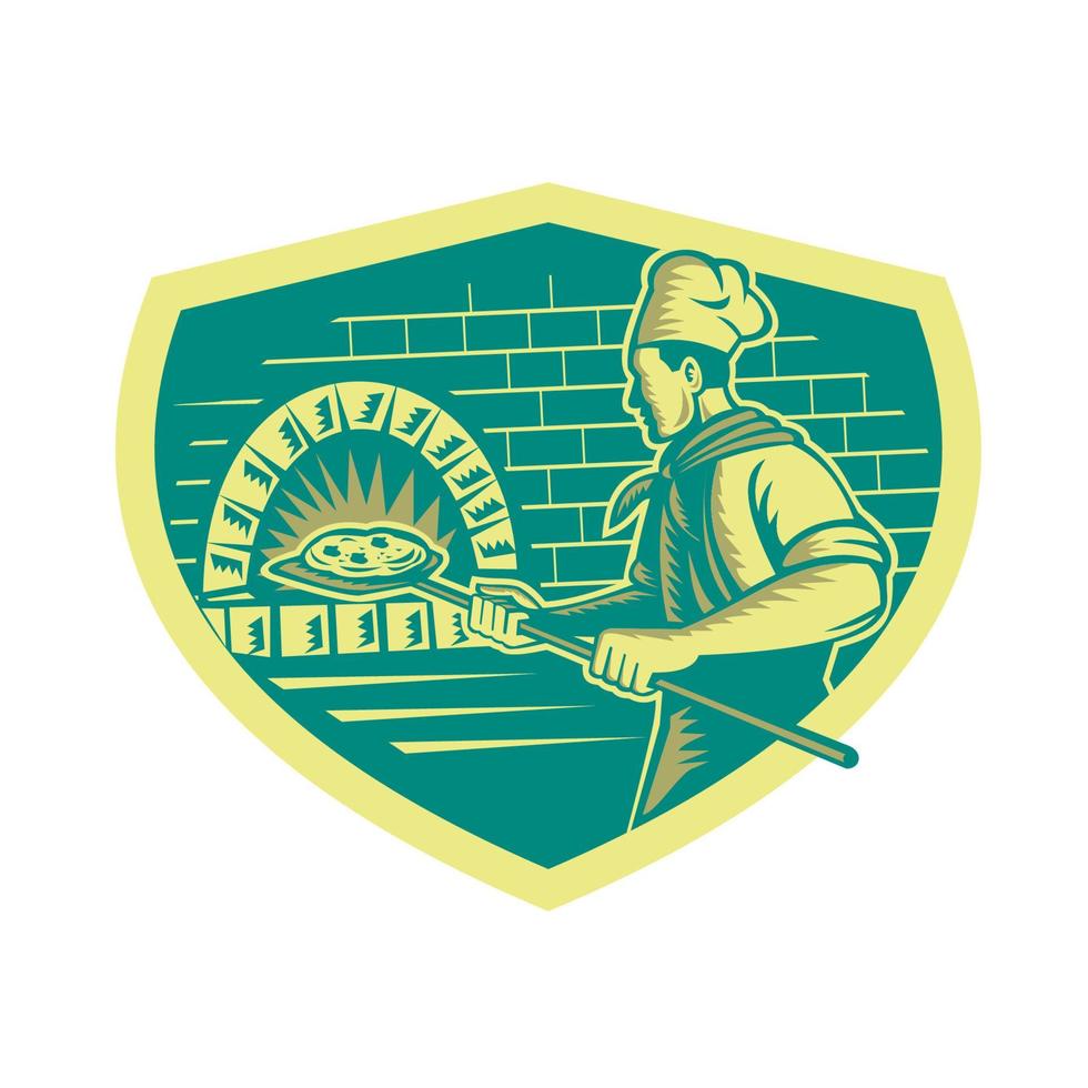Pizza Maker Holding Peel Crest Woodcut vector