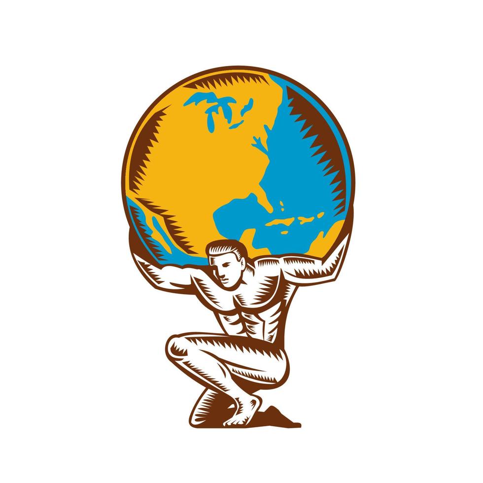 Atlas Lifting Globe Kneeling Woodcut vector