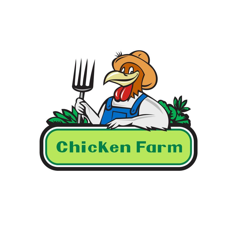 Chicken Farmer Pitchfork Vegetables Cartoon vector