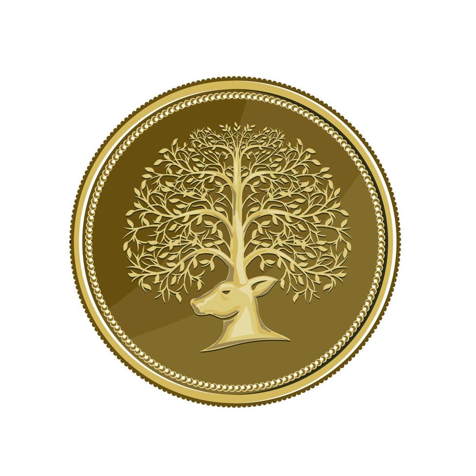 Deer Head Tree Antler Gold Coin Retro vector