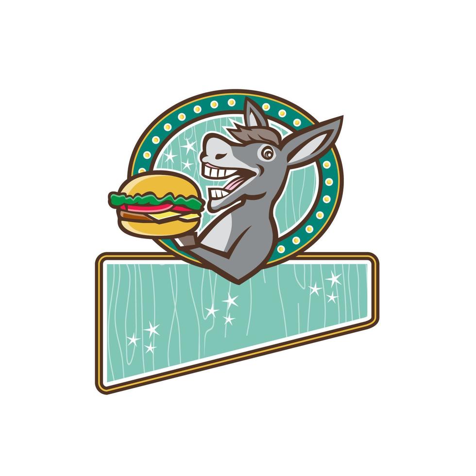 burro mascota servir hamburguesa rectángulo oval retro vector