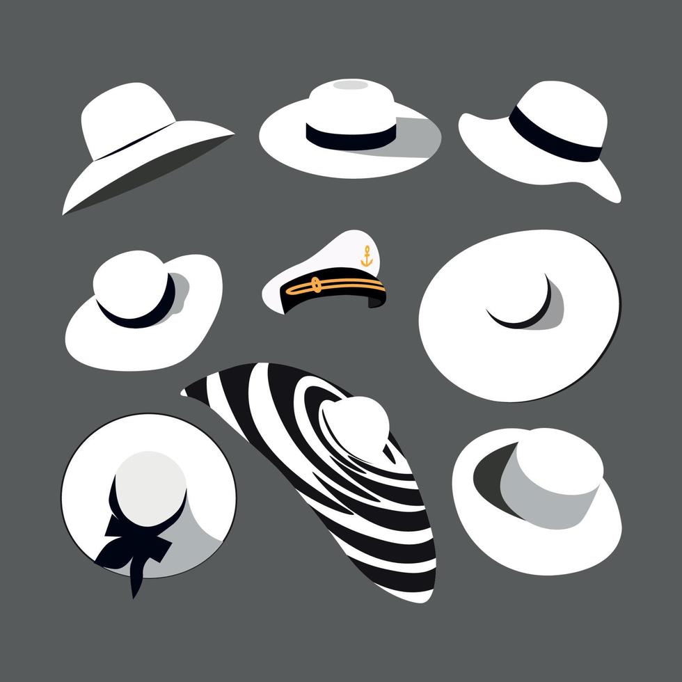 Digital illustration set of beautiful stylish white beach and leisure hats for women and men vector