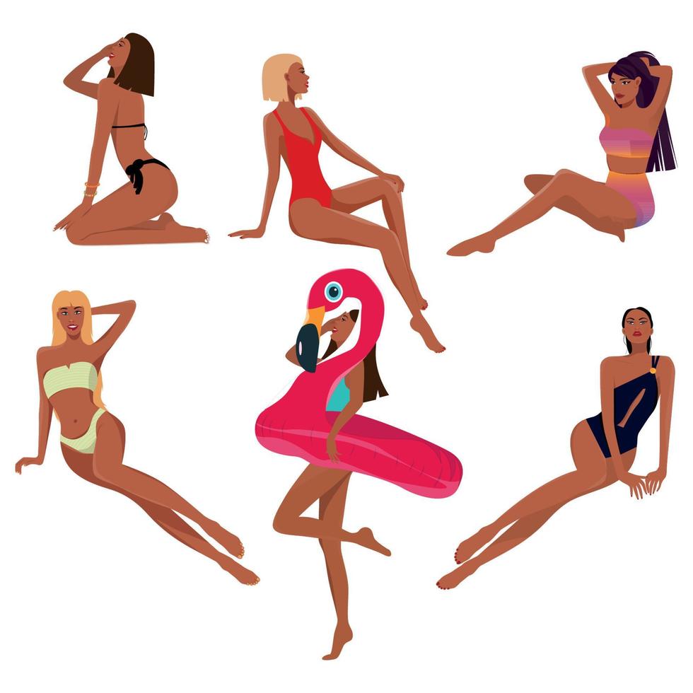 Digital illustration of a set of a girl in otsuk on the beach in a swimsuit vector