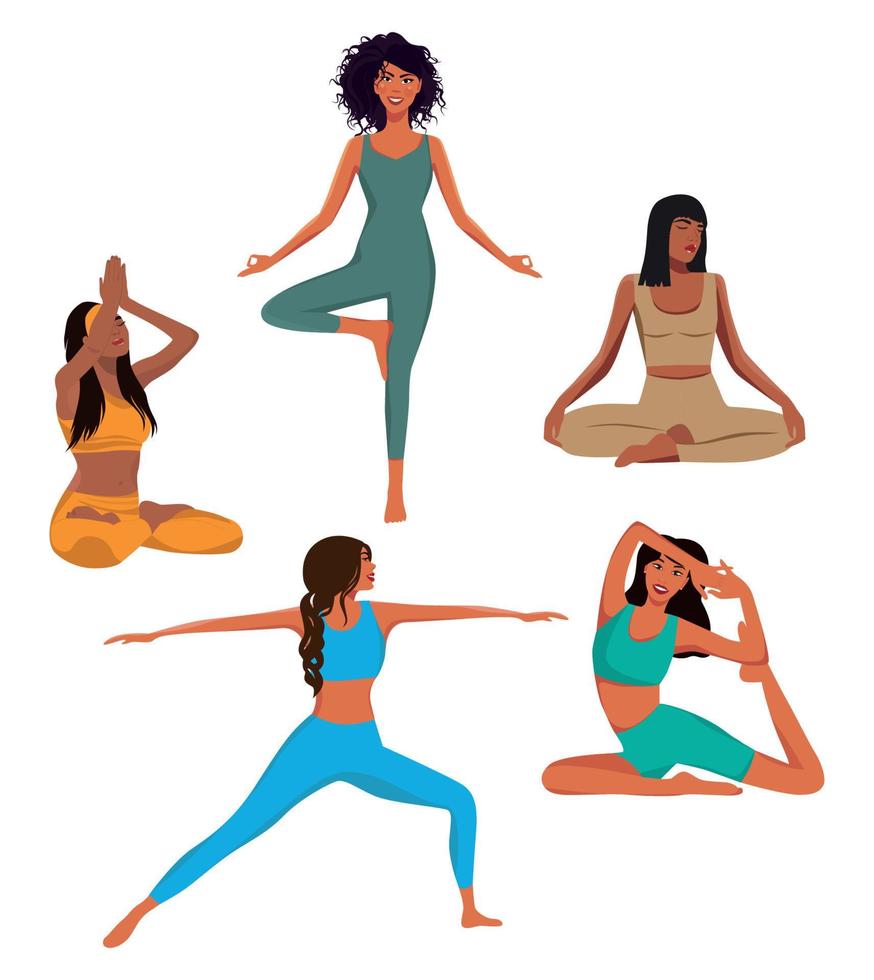 Digital illustration set of girls doing yoga vector