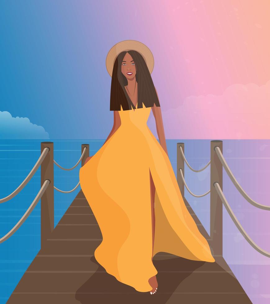 ilustración digital de una chica con un vestido amarillo claro de vacaciones en verano en la isla camina por la playa camina por el muelle y se encuentra con una puesta de sol rosa vector