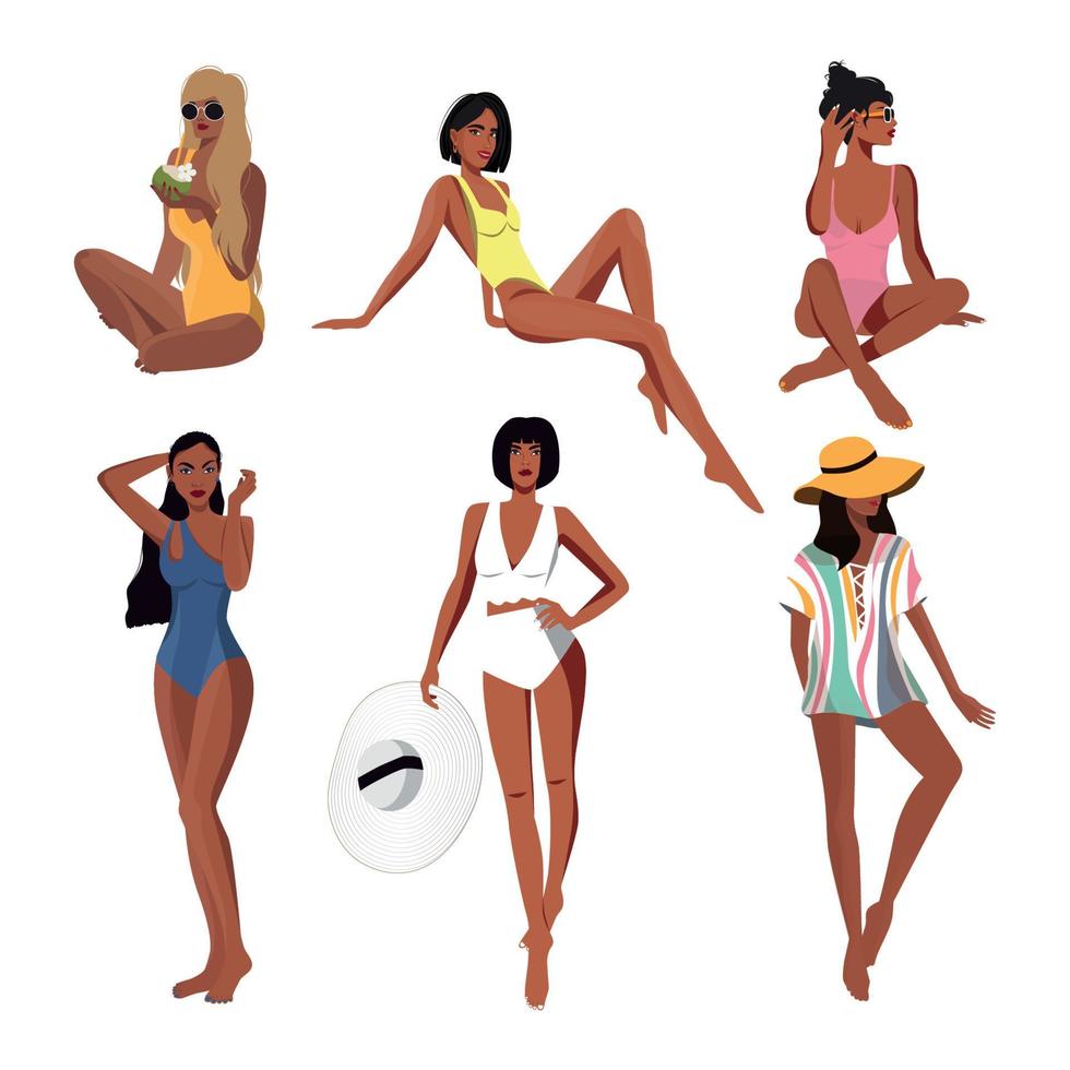 Digital illustration set of a girl in a beautiful stylish swimsuit vector