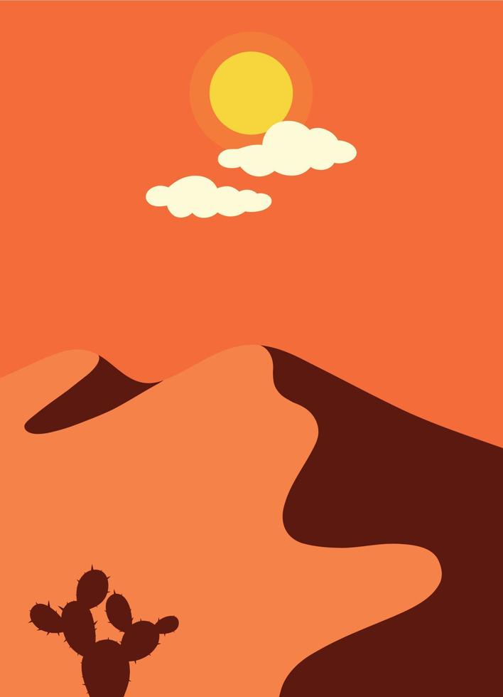 Vector illustration landscape bright orange yellow shades colors image banner sands desert cactus sun clouds